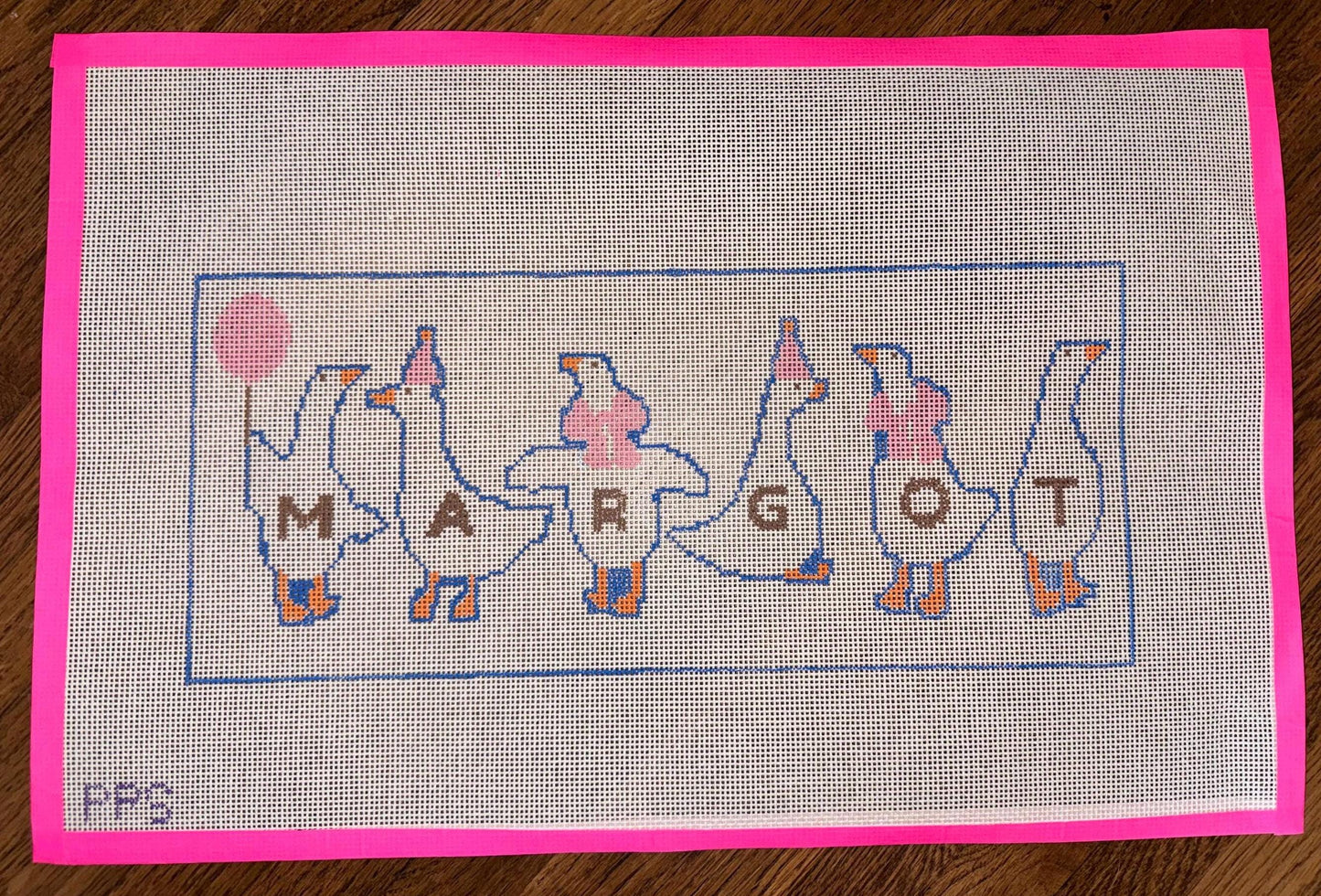 Silly Goose Name Pillow Needlepoint Canvas - Hand Painted - 15 x 8 design. 13 mesh canvas.