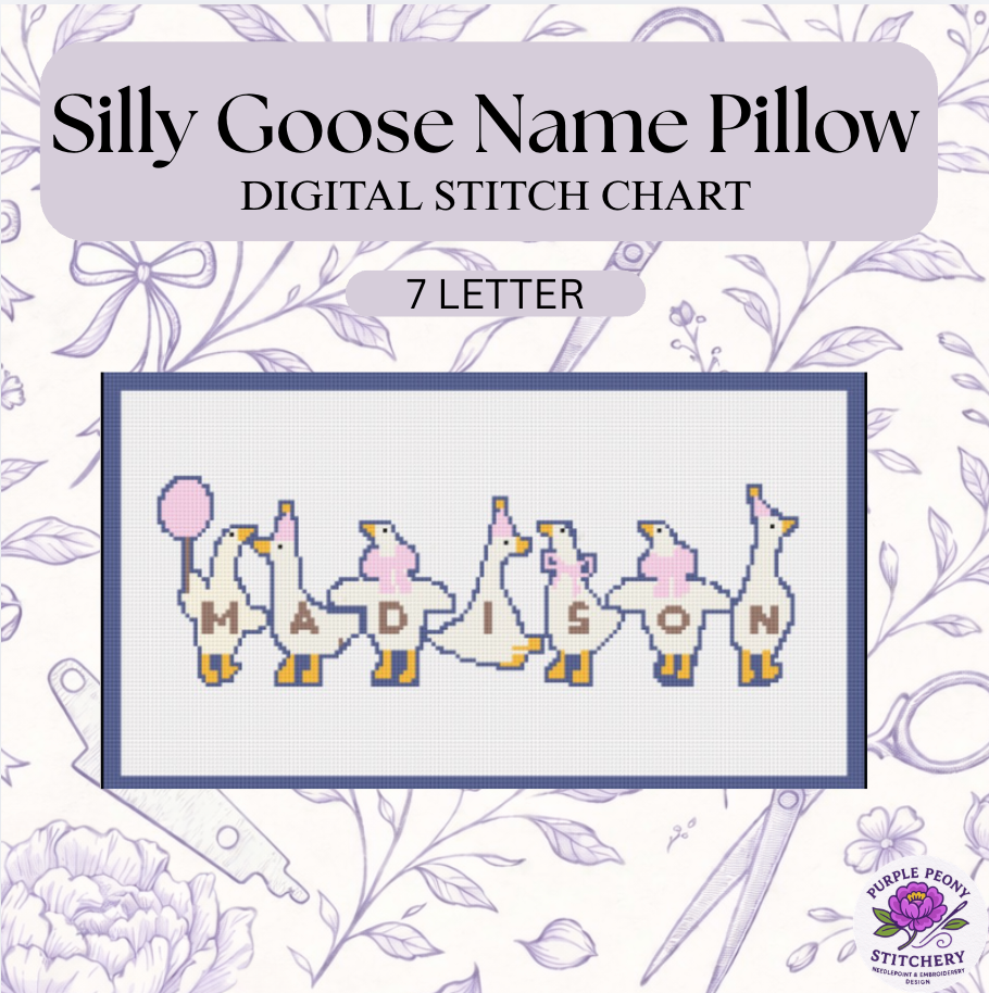 Silly Goose Name Pillow - 7 LETTER Digital Needlepoint Chart - PDF Download.