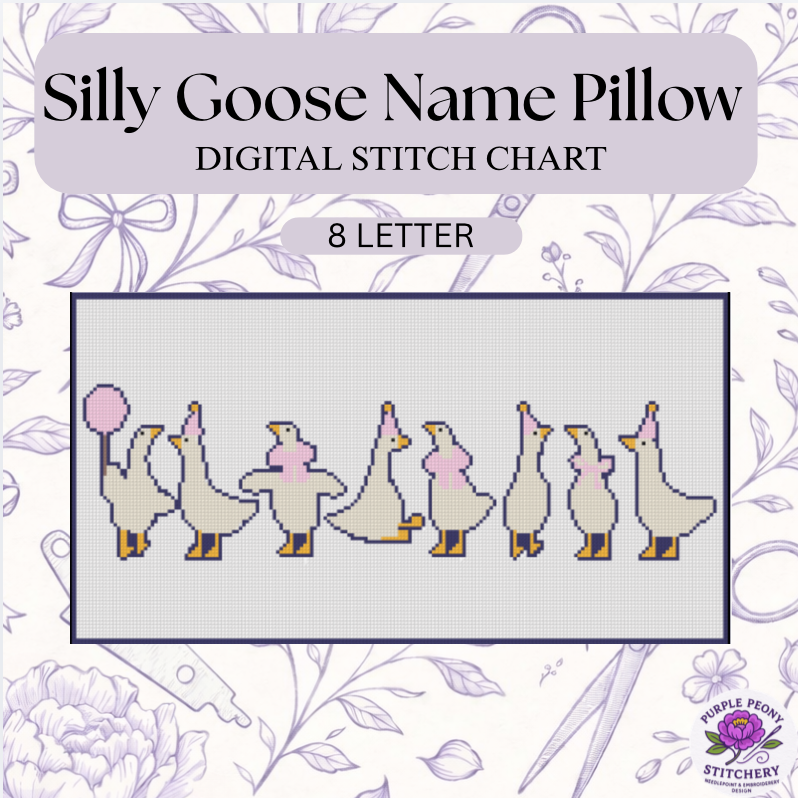 Silly Goose Name Pillow - 8 LETTER Digital Needlepoint Chart - PDF Download.