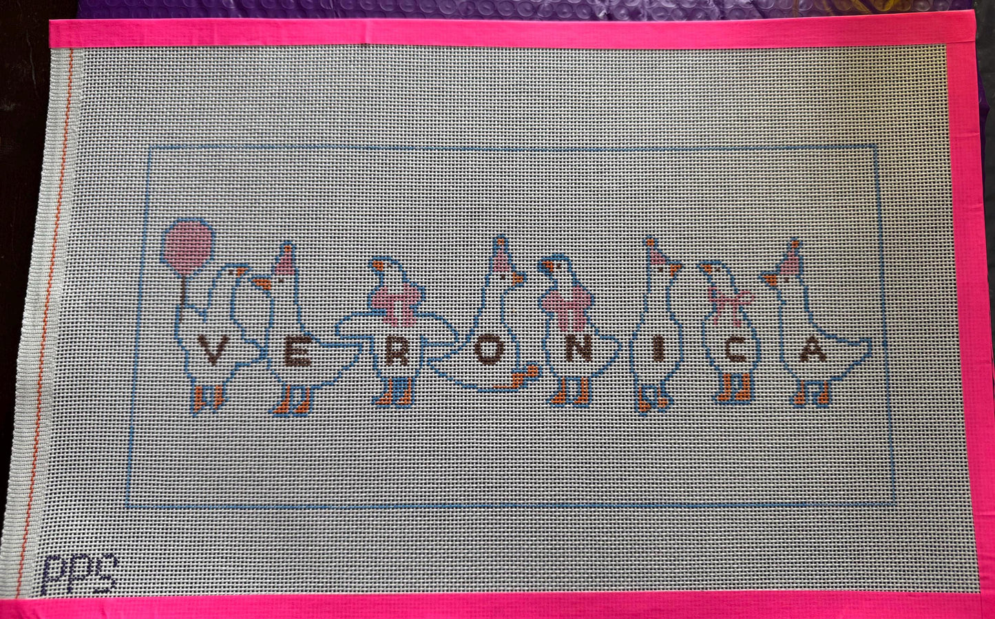 Silly Goose Name Pillow Needlepoint Canvas - Hand Painted - 15 x 8 design. 13 mesh canvas.