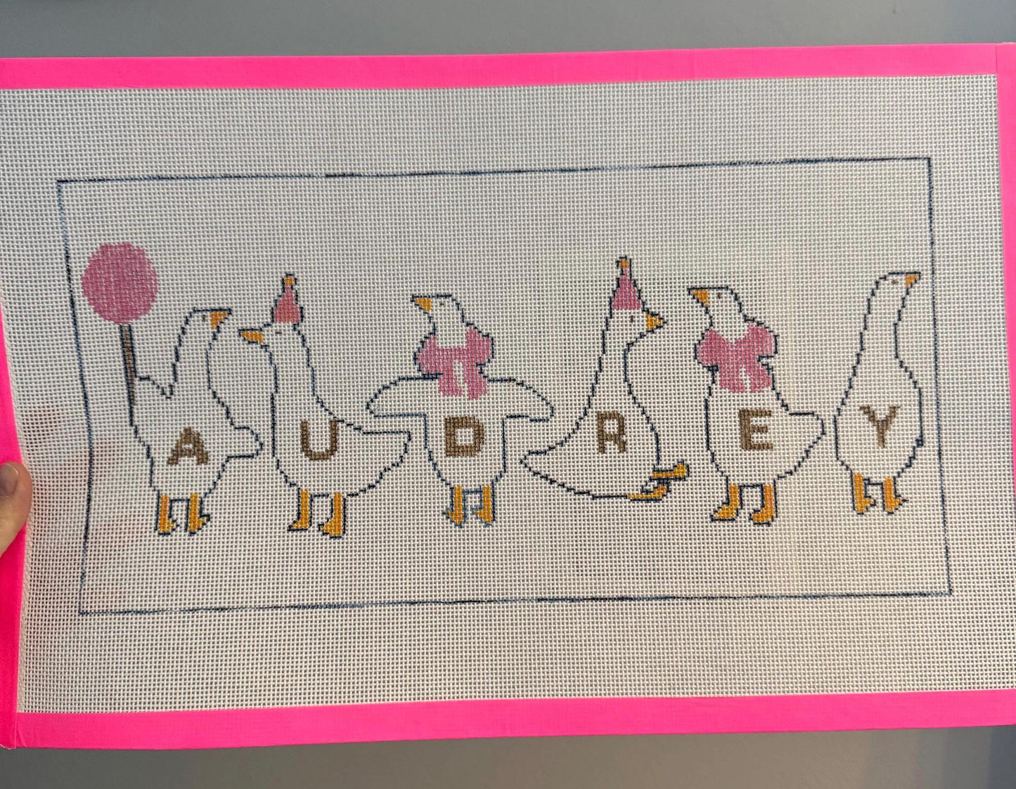 Silly Goose Name Pillow Needlepoint Canvas - Hand Painted - 15 x 8 design. 13 mesh canvas.